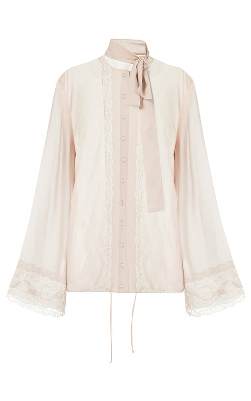 Beige Chiffon Blouse with White Lace