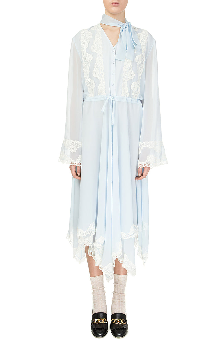 Blue Chiffon Dress with White Lace
