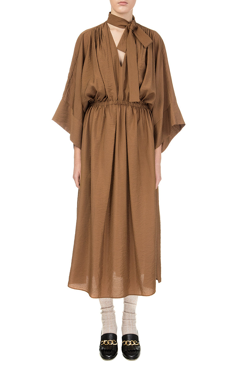 Brown Batiste Dress with Oversize Sleeves