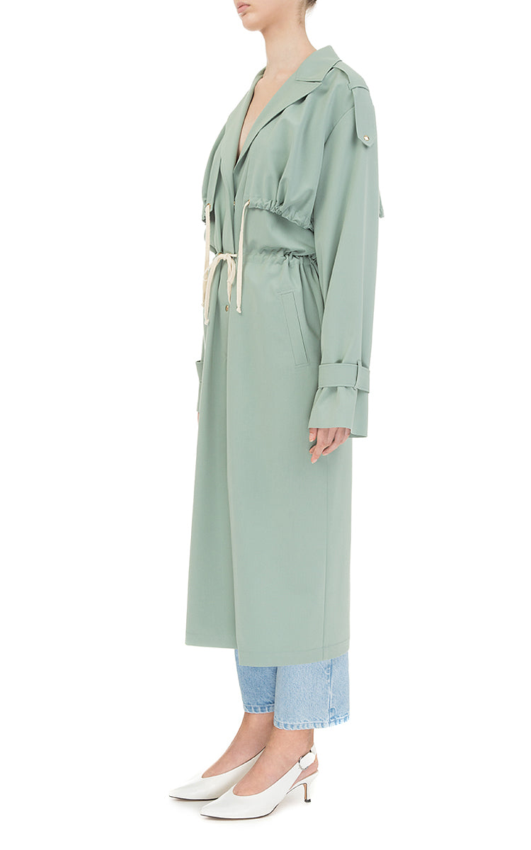 Trench coat with drawstrings
